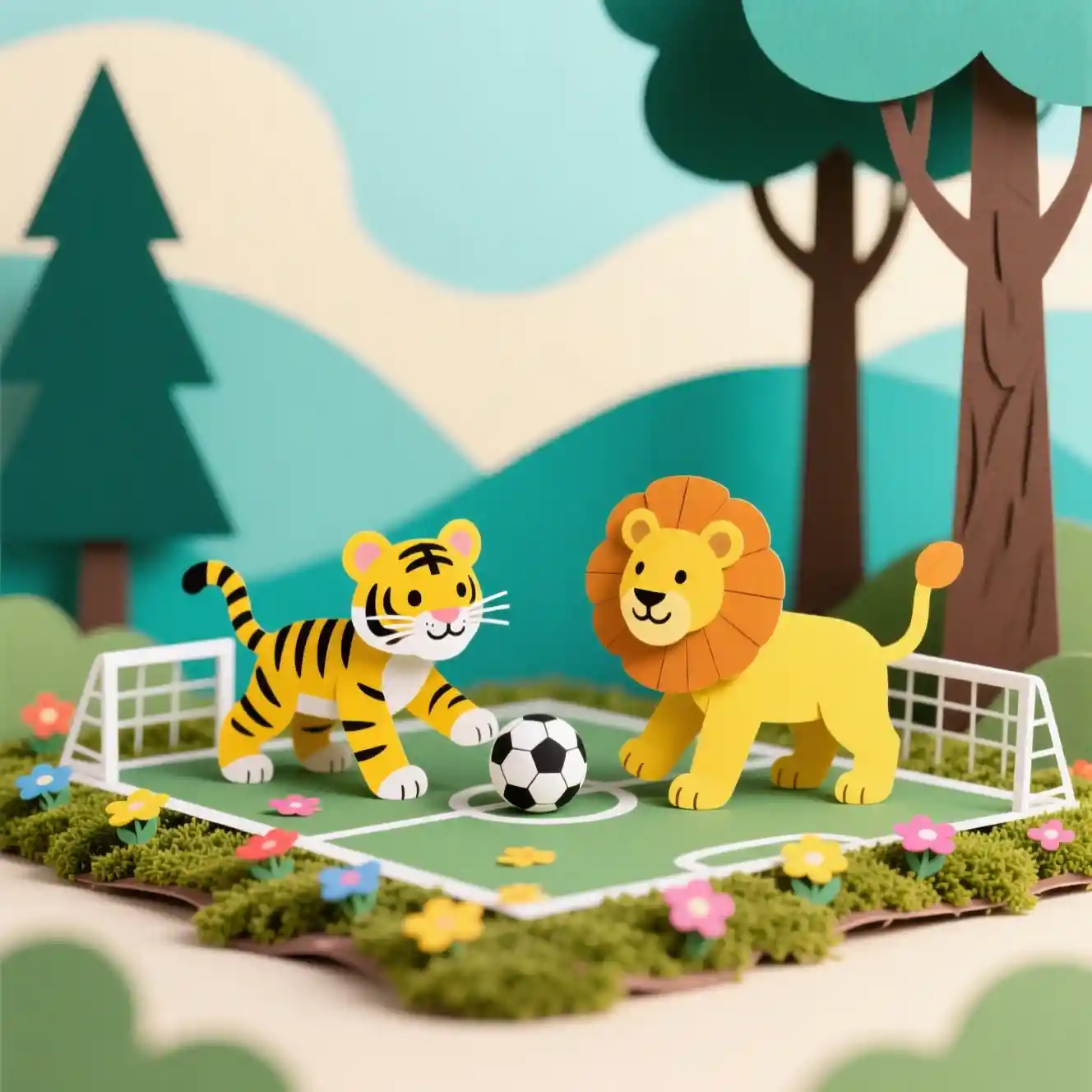 Paper tiger and lion cubs playing soccer in mossy field