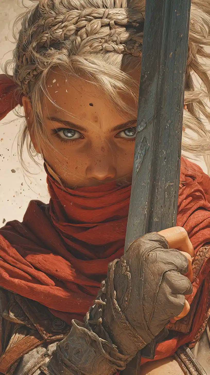 Young desert warrior holding a weathered sword