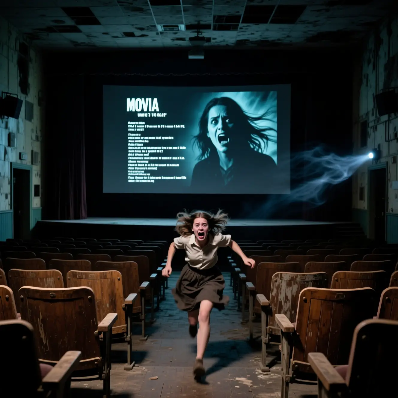 Abandoned Movie Theater With Flickering Horror Film Screen