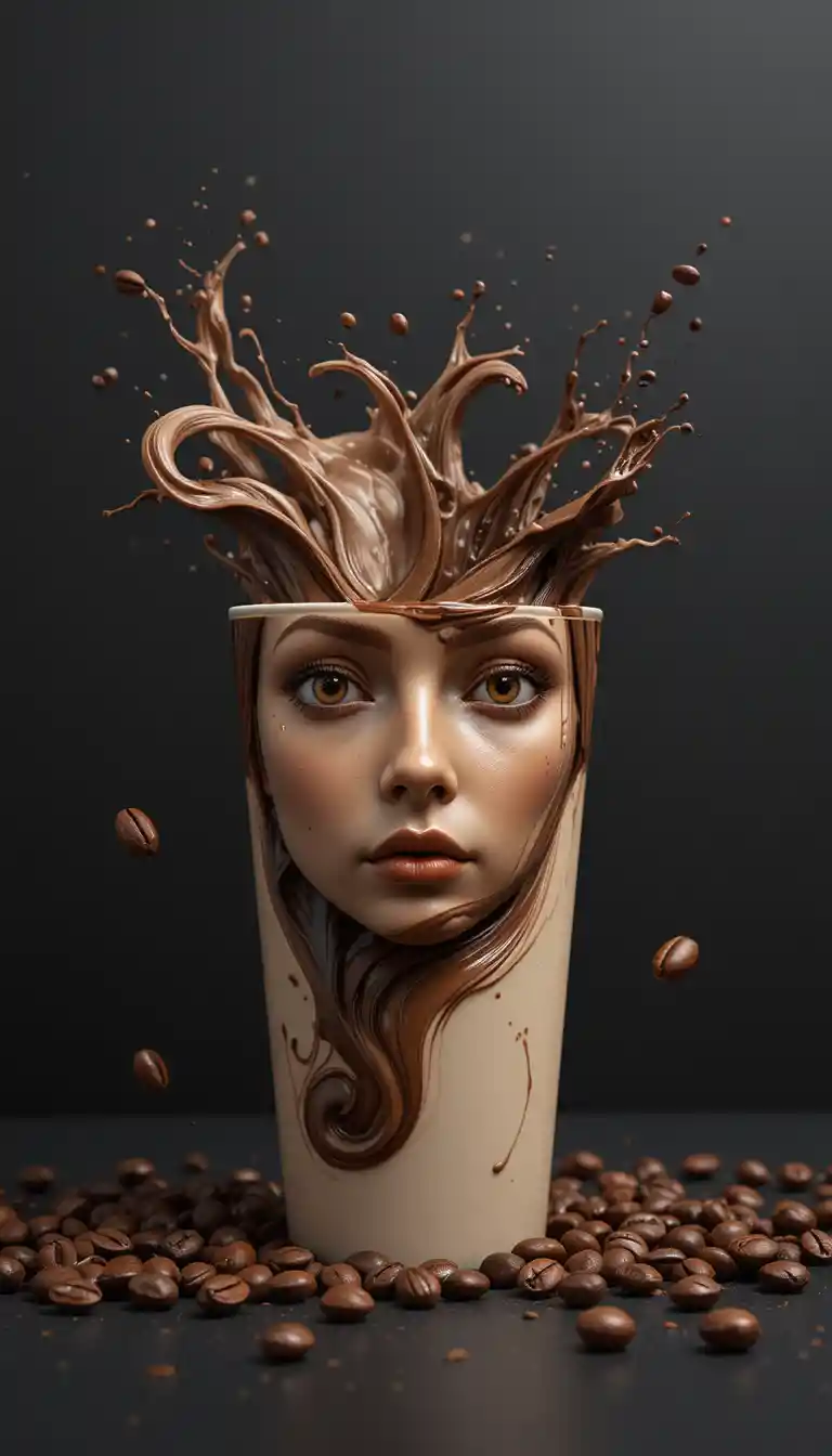 Ritratto in tazza di caffè con volti di cioccolato e caffè vorticosi