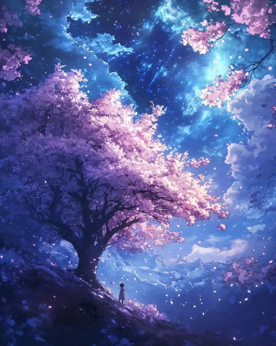 Anime night sky filled with blooming fantasy flowers