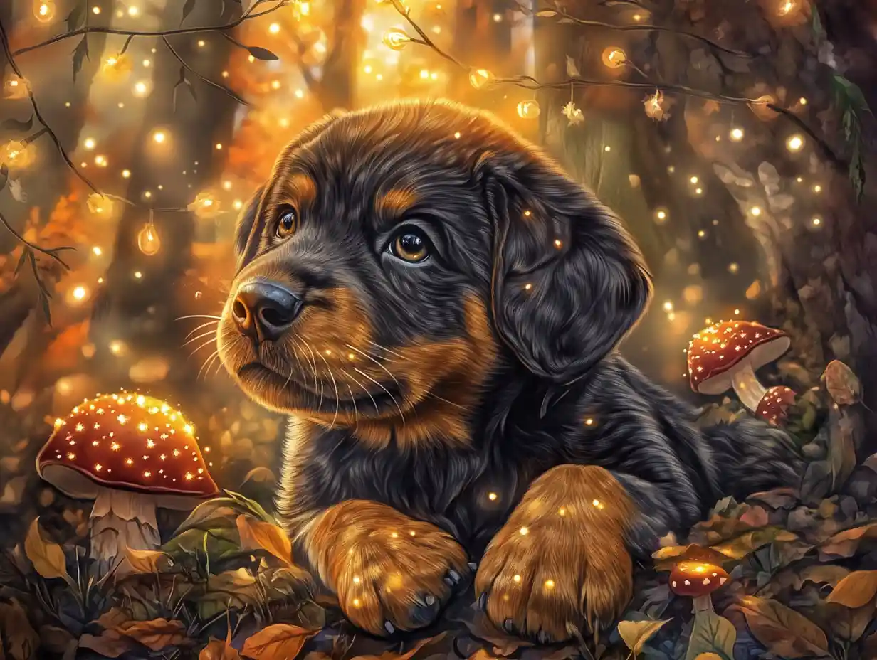 Rottweiler puppy in an enchanted autumn forest illustration