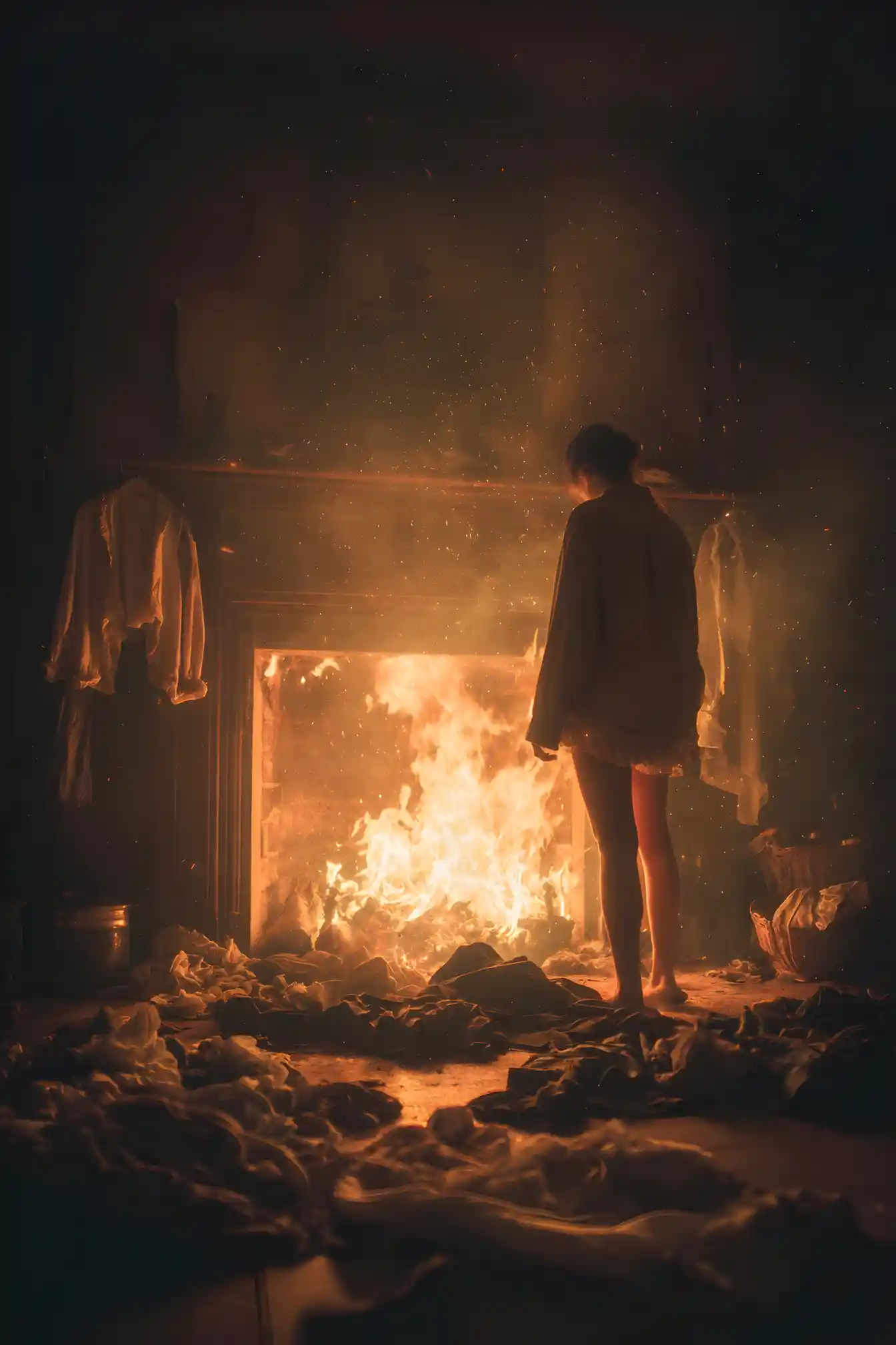 Person throwing discarded clothes into a roaring fire