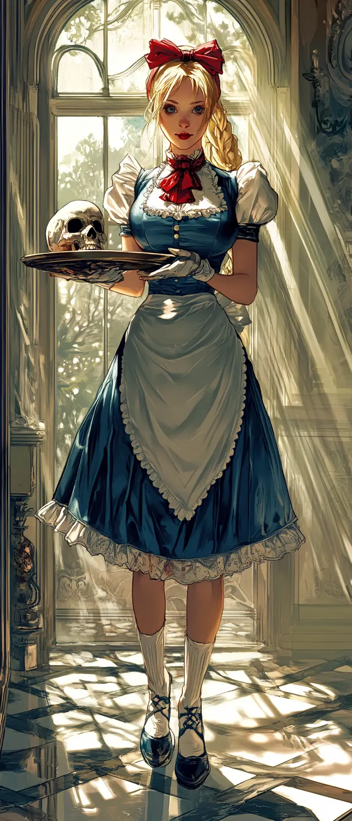 Blonde maid with skull on tray in elegant sunlit room