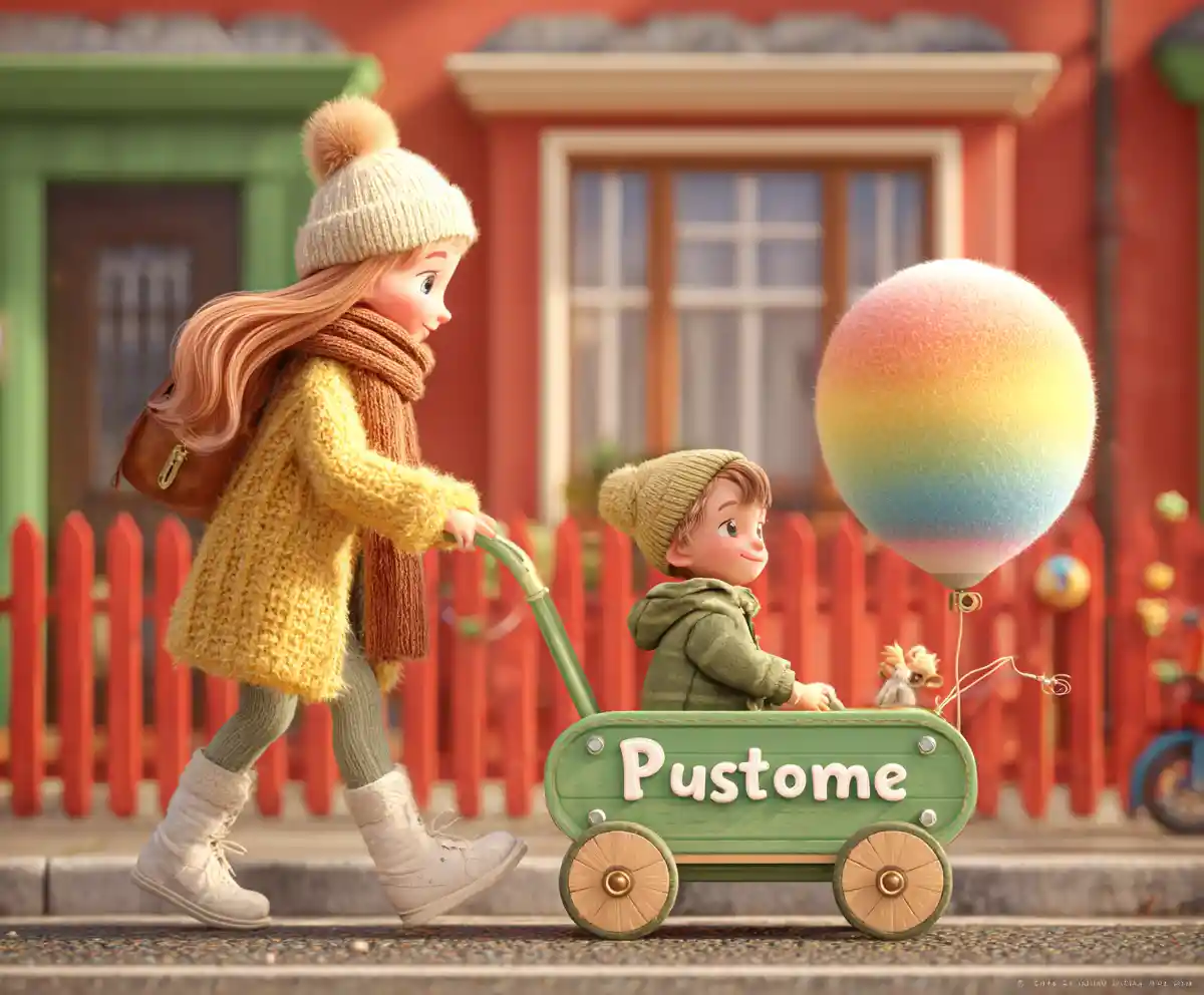 Toddler In Winter Wagon With Rainbow Balloon