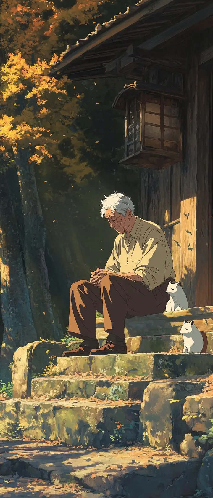 Elderly man at abandoned countryside shrine at sunrise