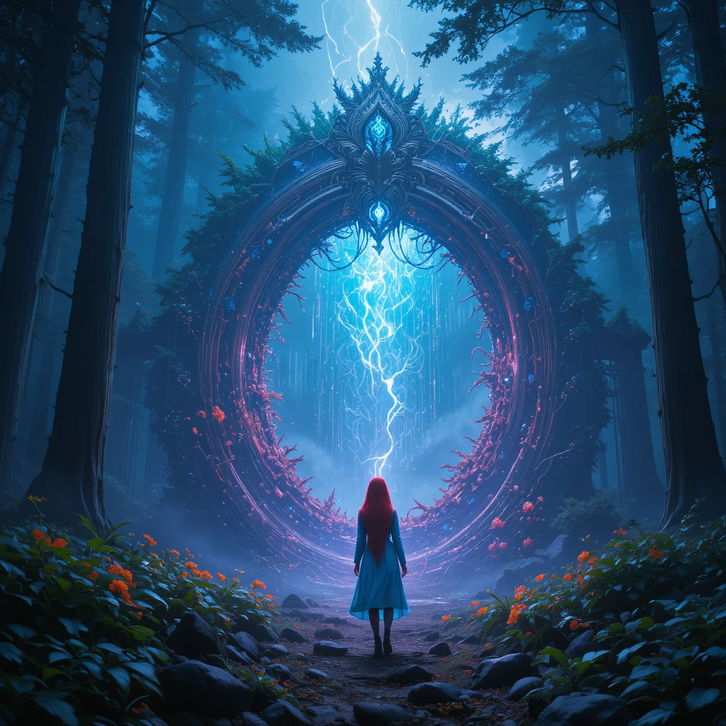 Rothaarige Wanderin vor einem leuchtenden Portal im Wald