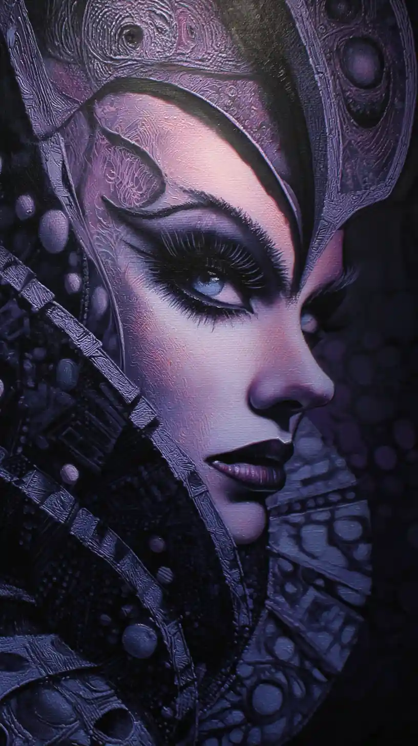 Eerie sci fi woman in alien couture inside nightclub