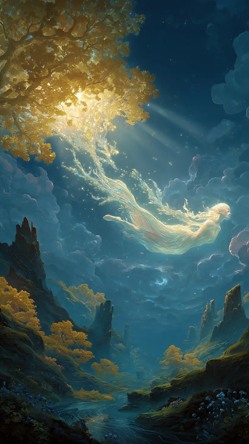 Divine astral figure in a tranquil cosmic landscape
