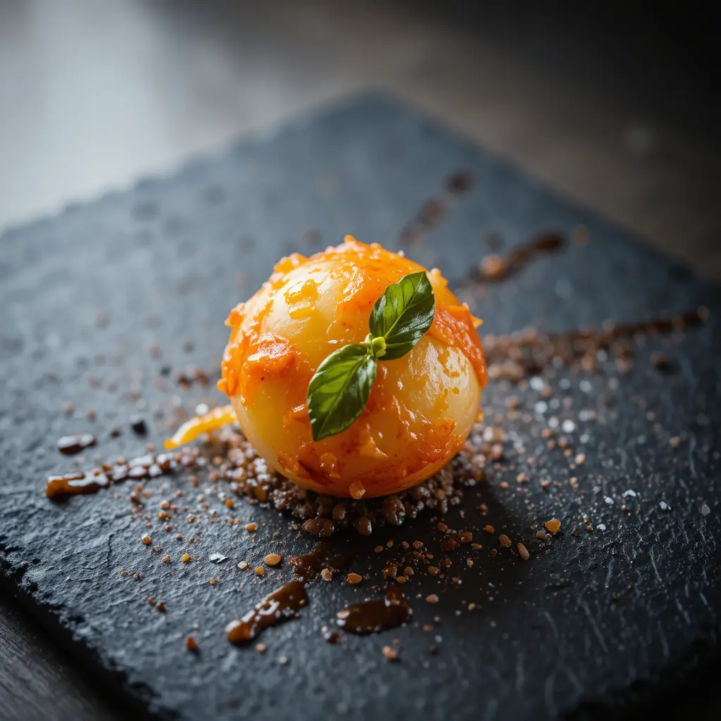 Twist de gastronomie moléculaire sur une pizza margherita classique