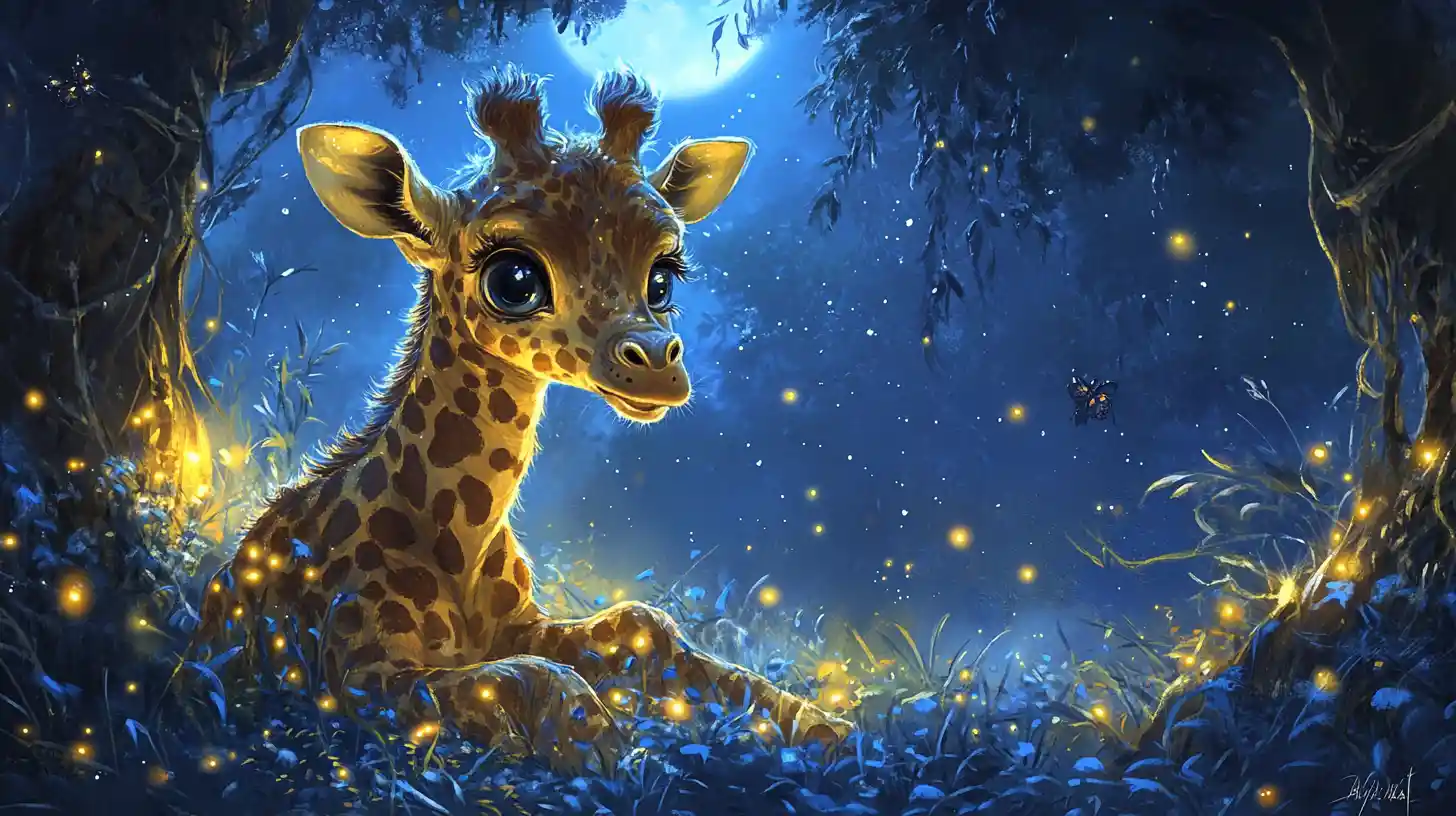 Bébé girafe en aquarelle dans une savane nocturne magique