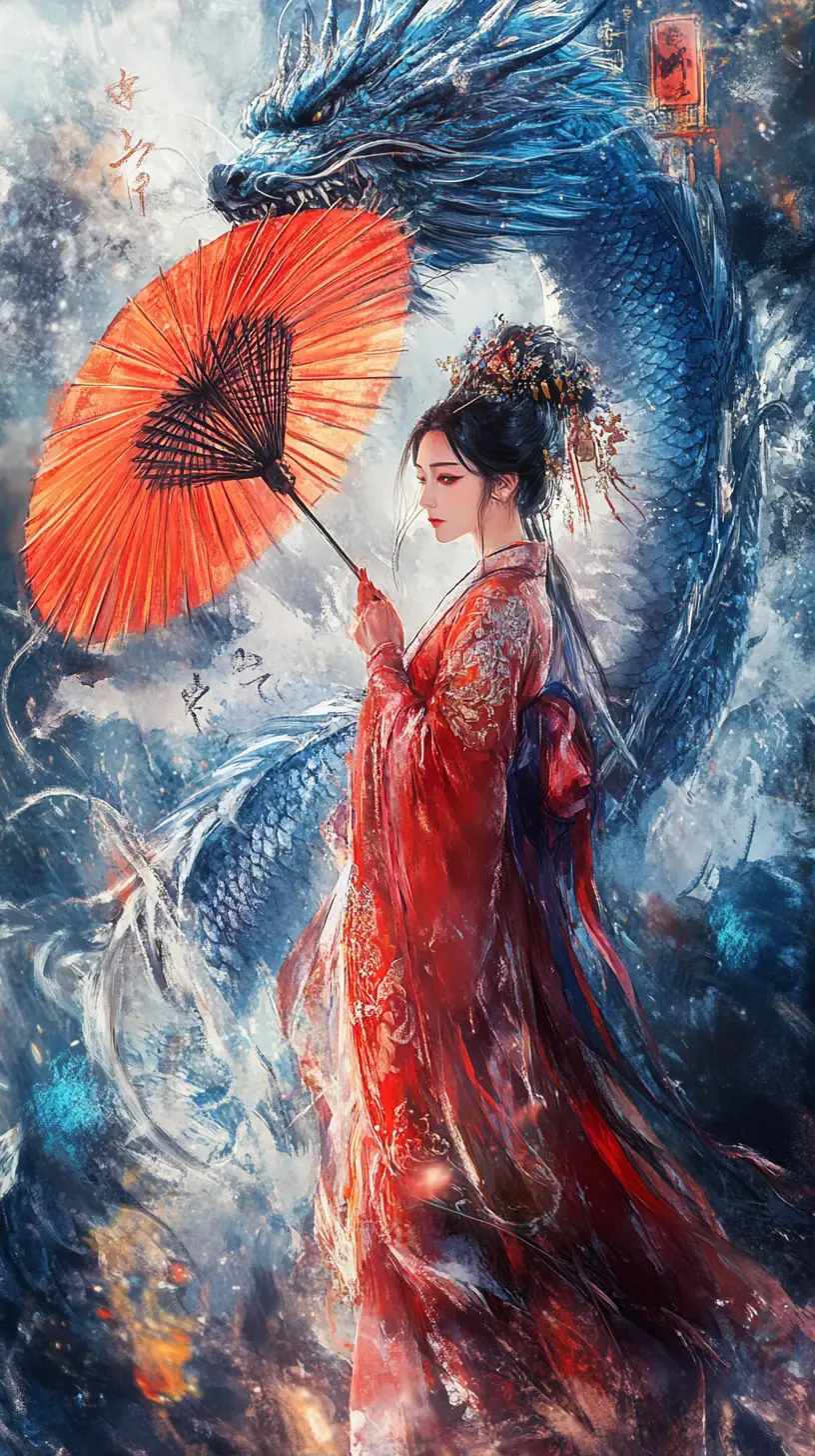 Woman In Hanfu With Blue Dragon And Red Parasol