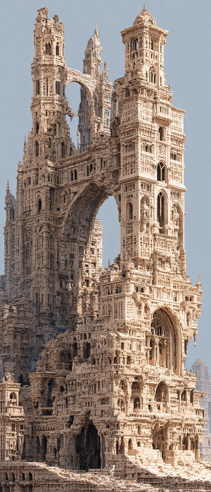 Ancient ruined city in sunset with gothic gargoyles