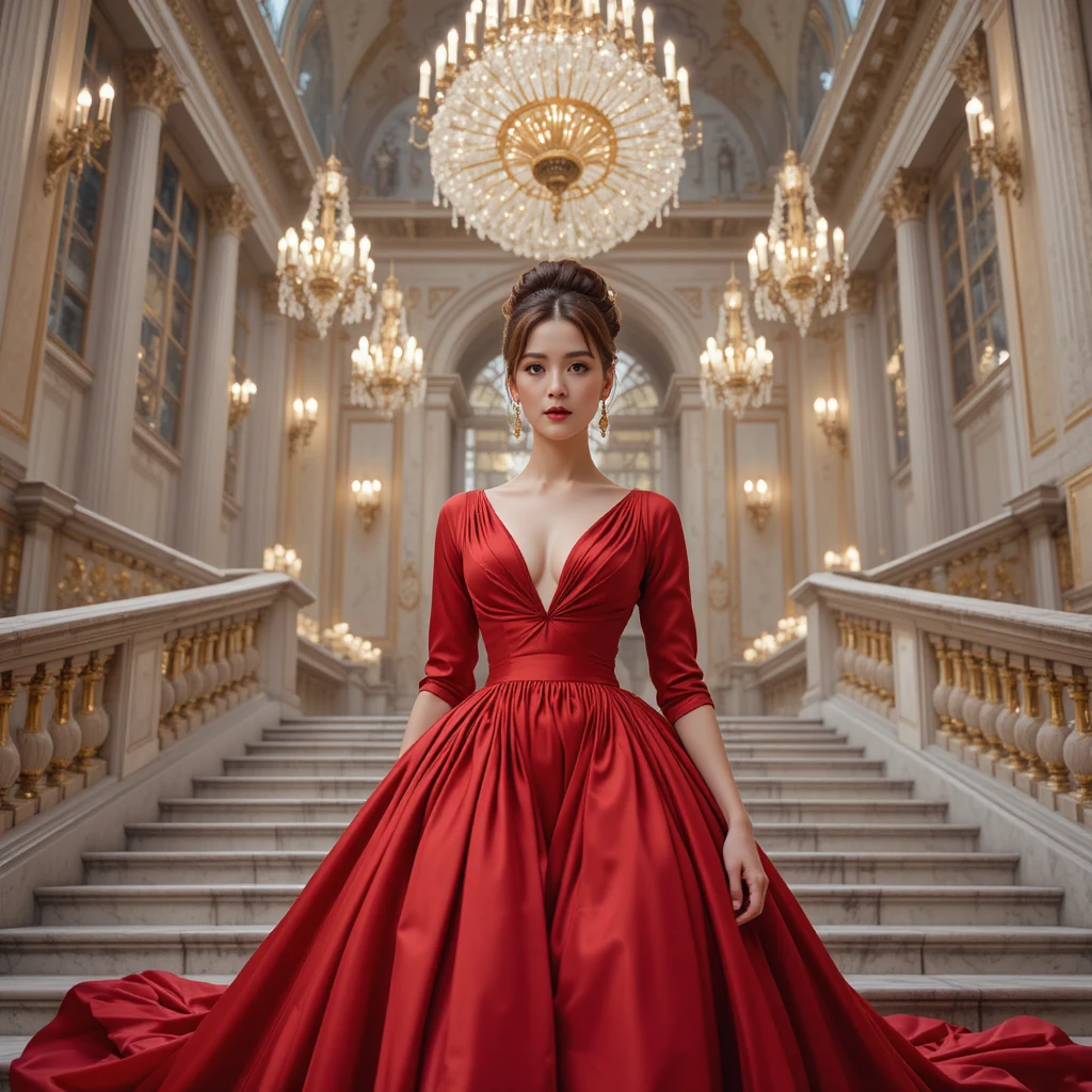 Defiant Korean woman in crimson gown on palace staircase