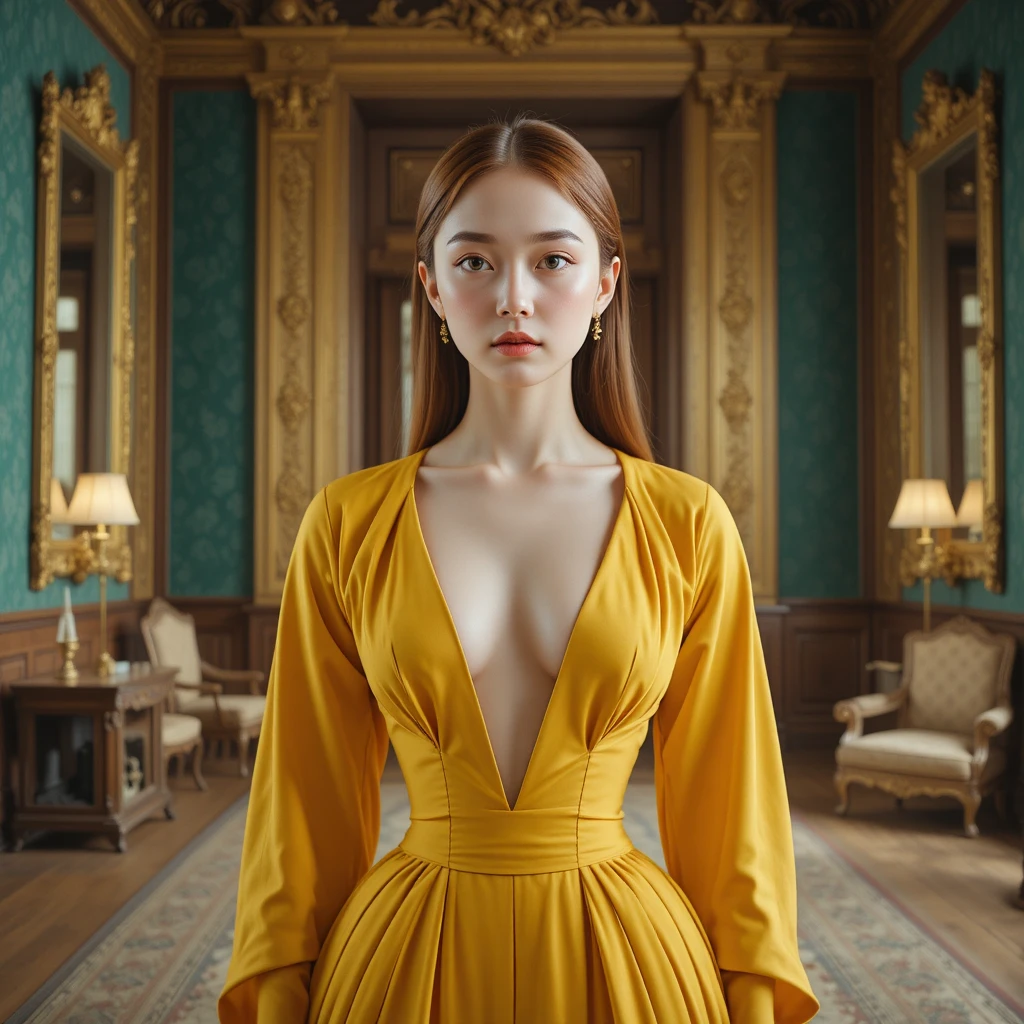 Korean woman in saffron gown in opulent Versailles salon