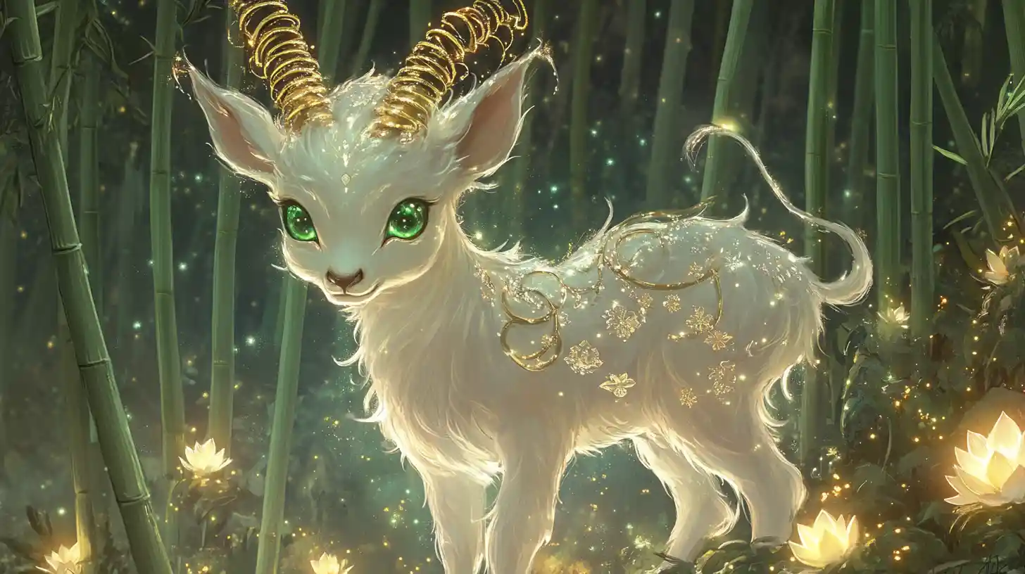 Baby qilin in glowing bamboo sacred forest