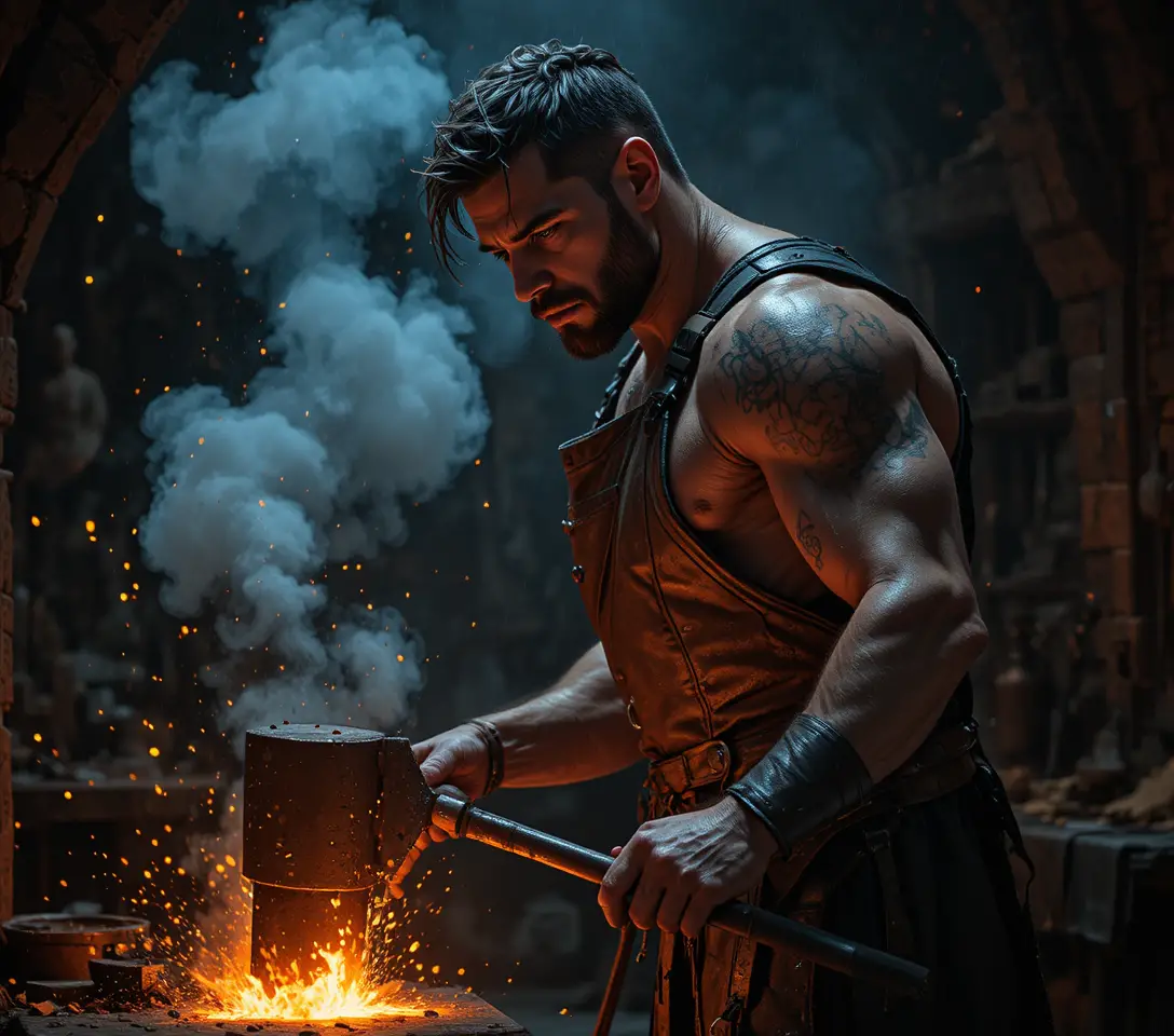 Medieval blacksmith forging molten metal in dark fiery forge