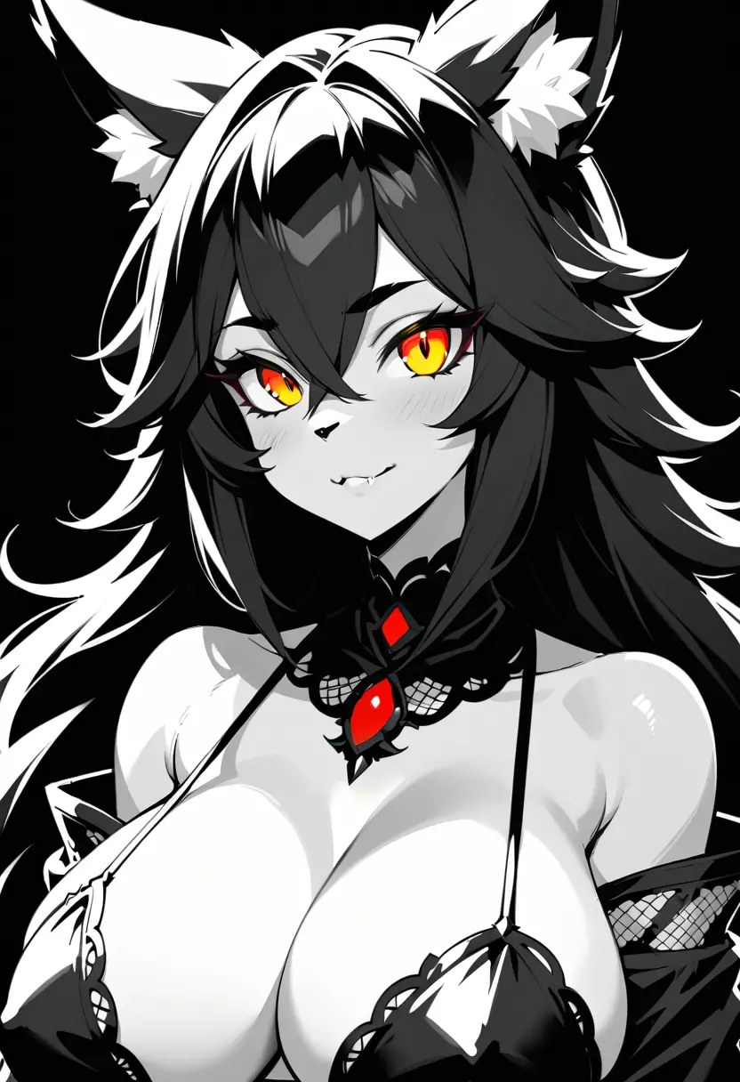 Monochrome gothic fox woman close up on black background