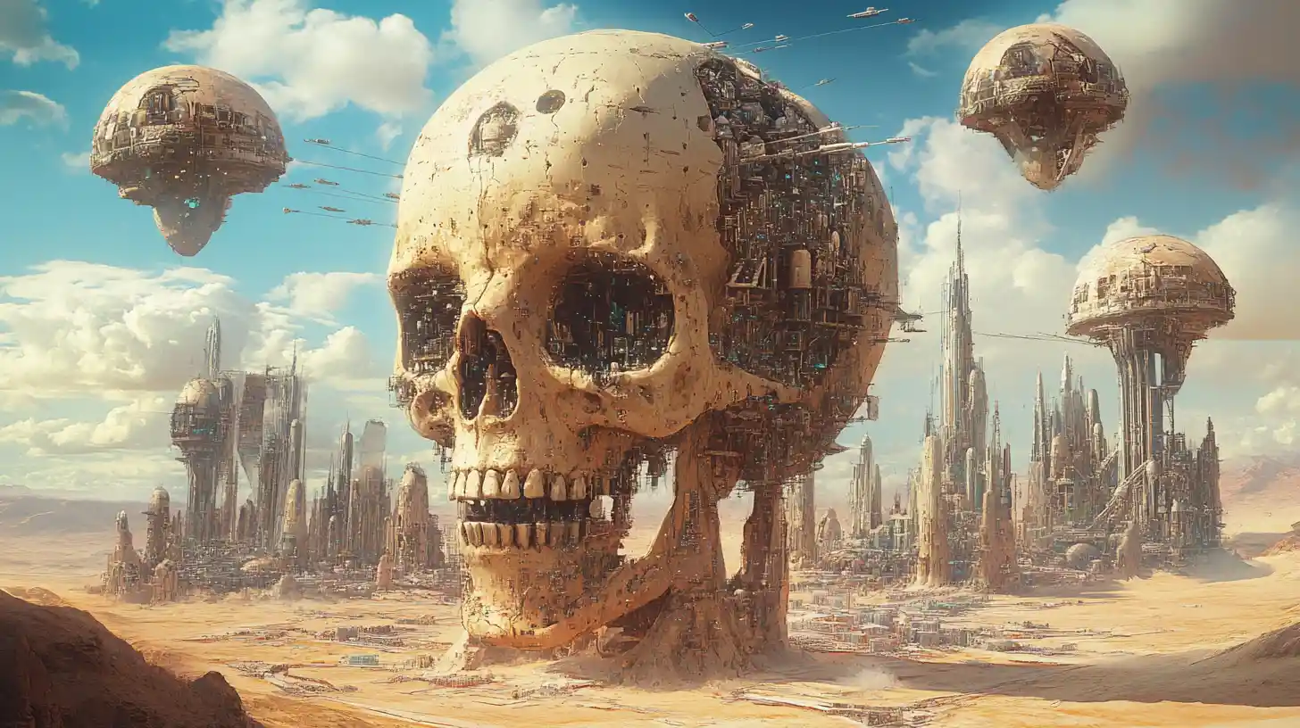 Città futuristiche costruite dentro di giganteschi teschi alieni nel deserto