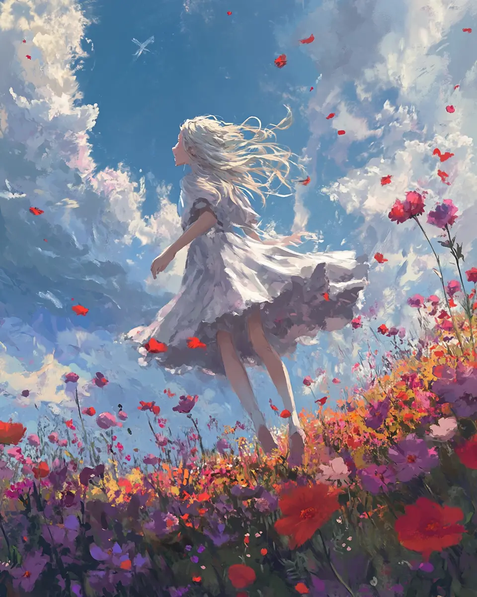 Digital anime illustration of a sky filled with flowers