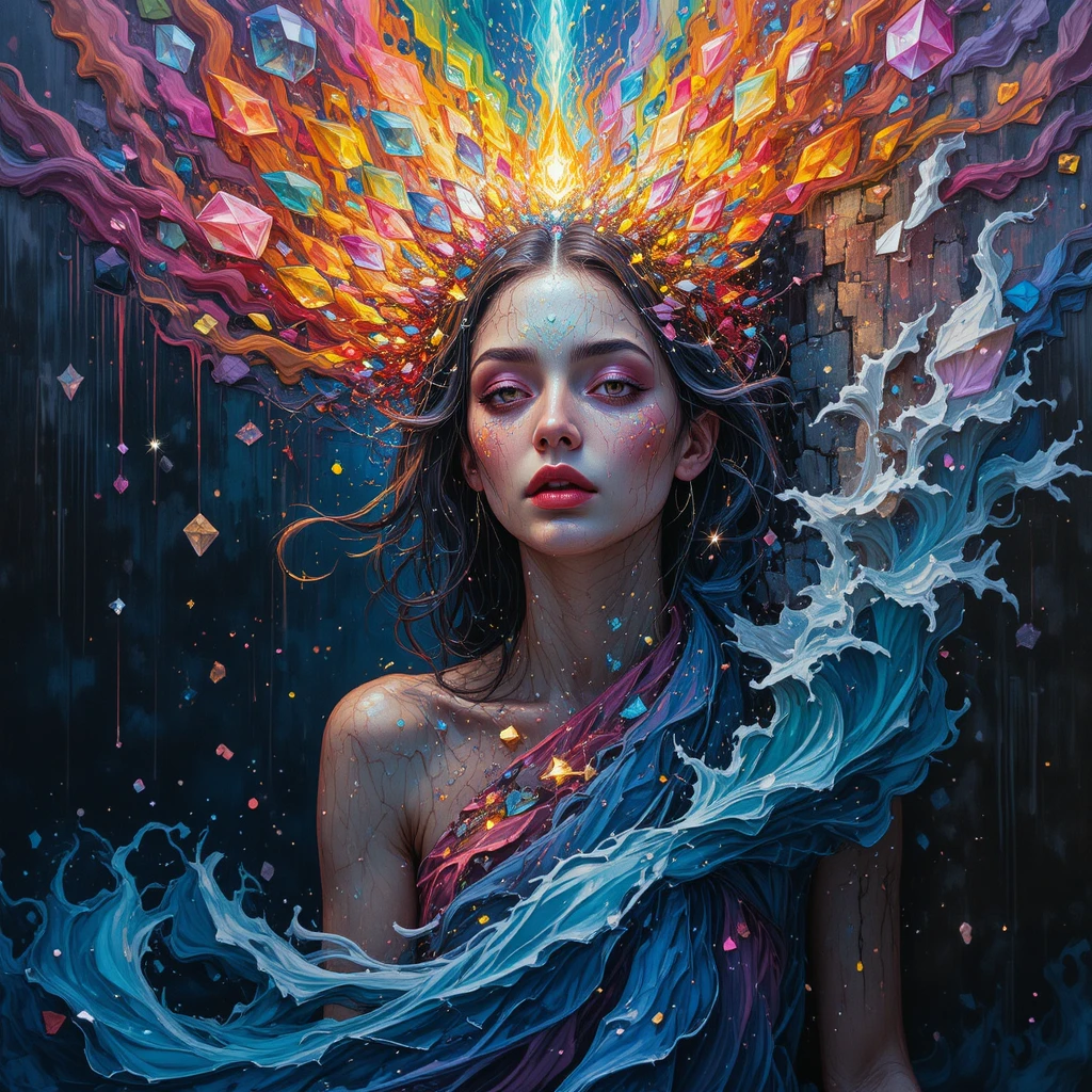 Ragazza surreale che emerge da un quadro incorniciato e luminoso
