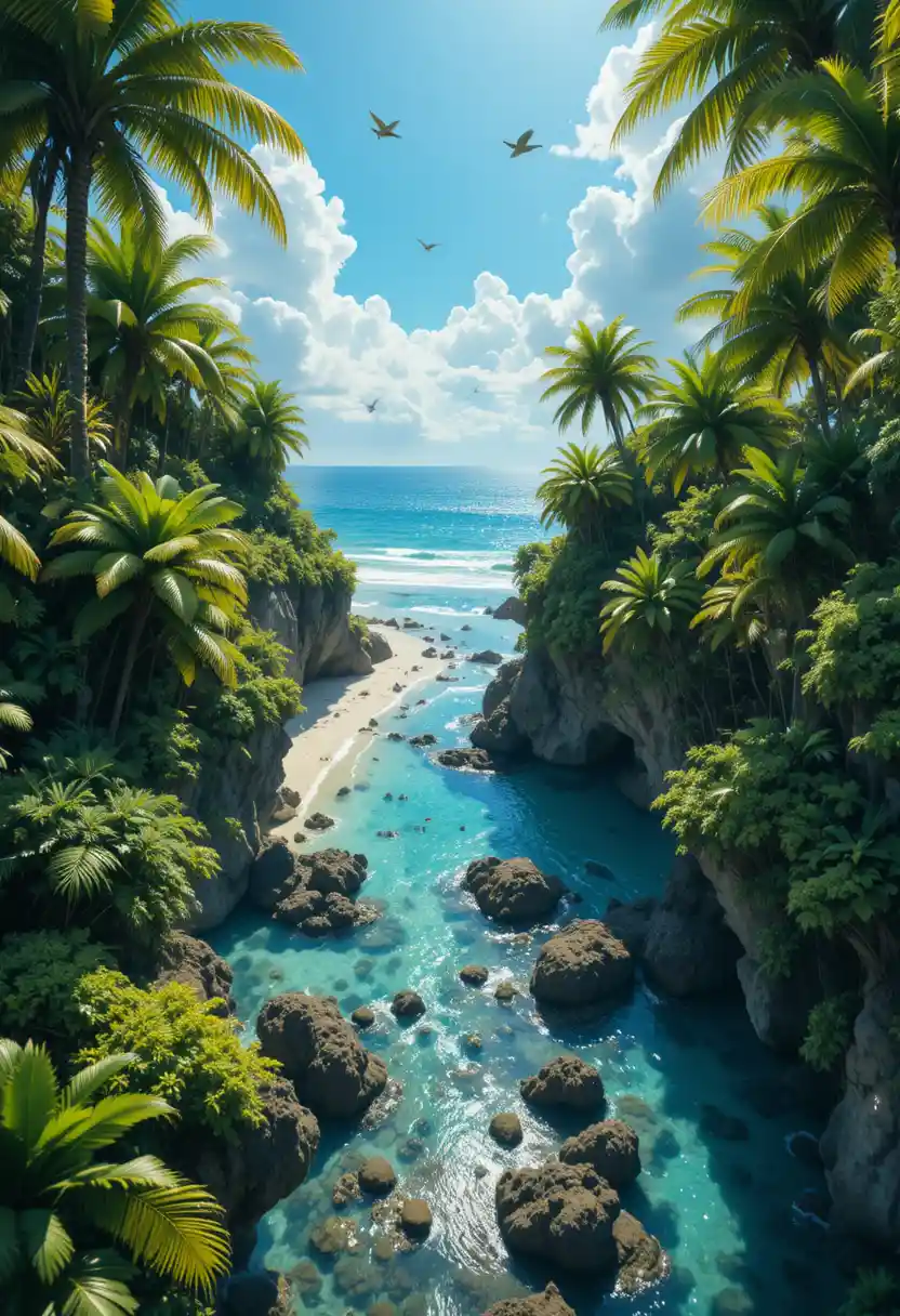 翠綠熱帶島嶼與碧藍海水的空拍景觀