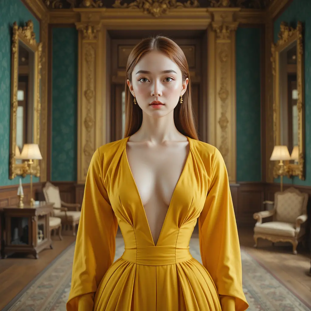 Korean woman in saffron gown in opulent Versailles salon