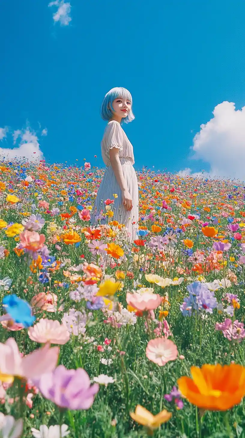Happy anime girl standing in a colorful flower field