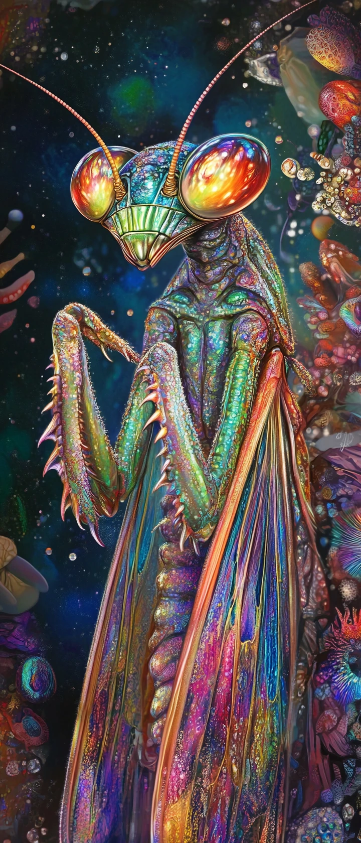 色彩繽紛金屬身體的沉思奇幻螳螂