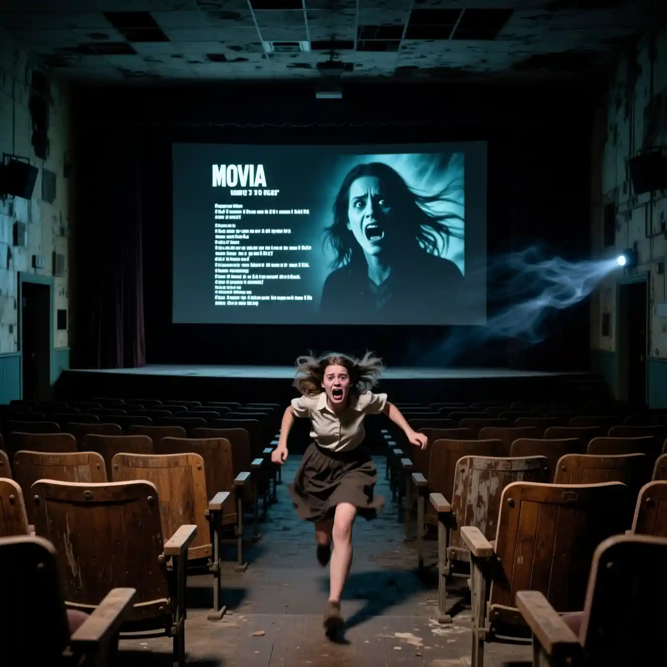 Cinema Abandonado com Tela de Filme de Terror Piscando