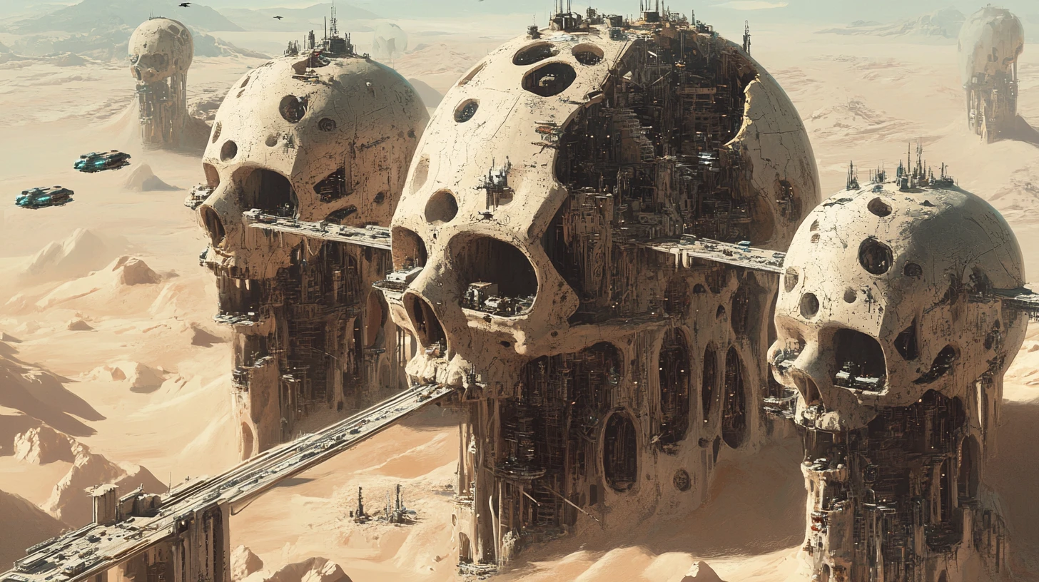 Città futuristiche costruite dentro di gigantesche strutture a forma di teschio alieno