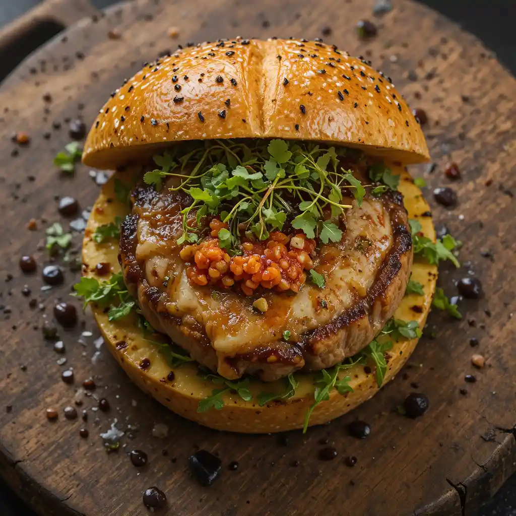Burger gourmet de requin avec pain à l’ananas et garniture de caviar