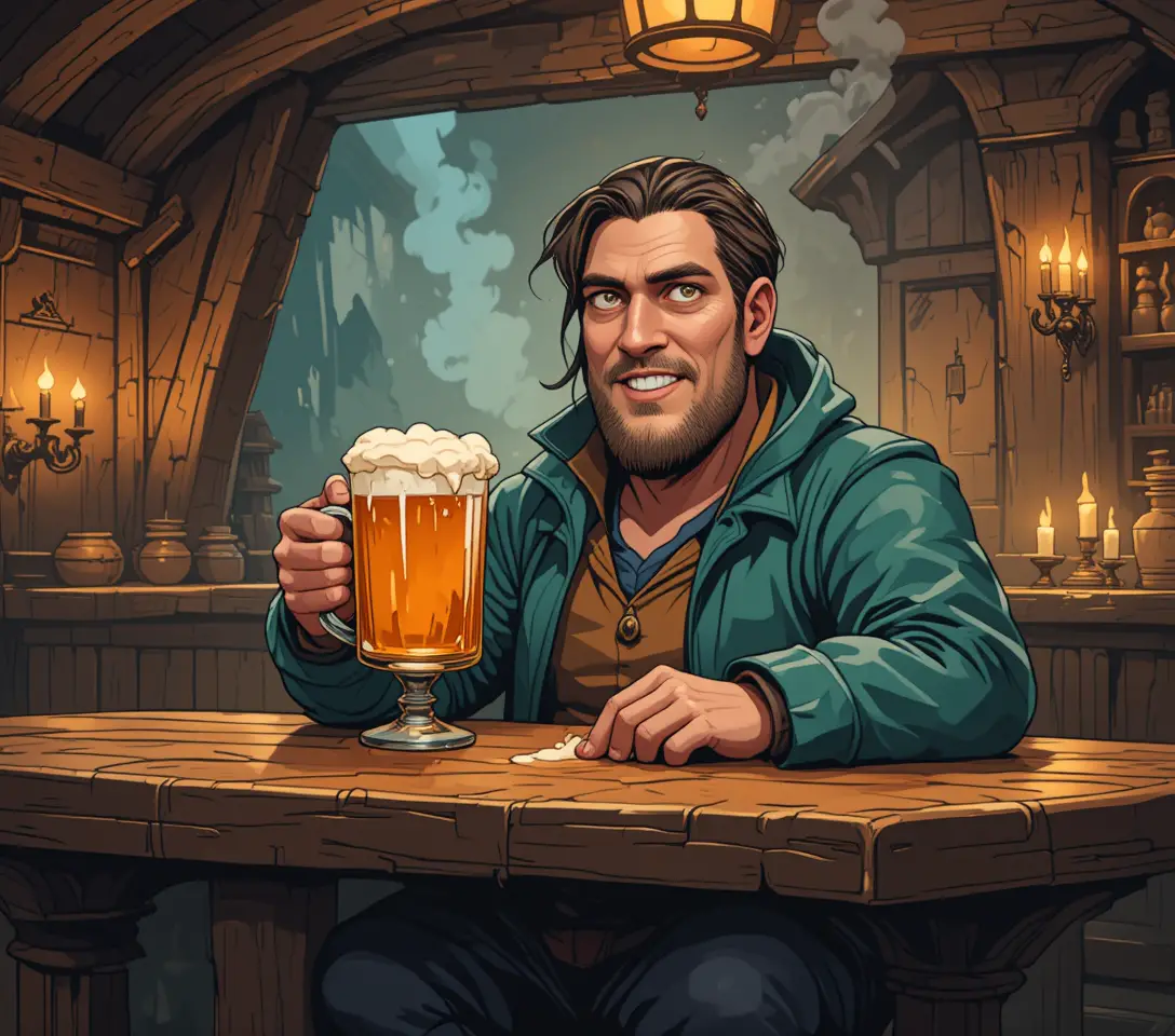 Cheerful man with ale in a colorful medieval pub