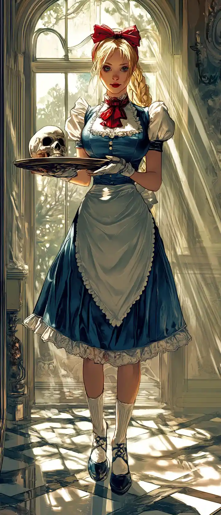 Blonde maid with skull on tray in elegant sunlit room