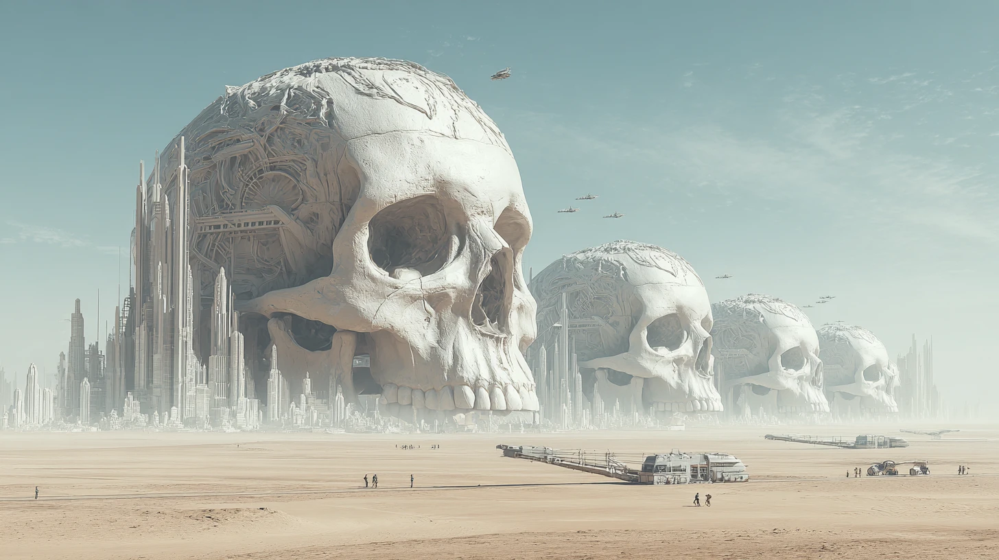 Città futuristiche costruite dentro di colossali teschi alieni nel deserto