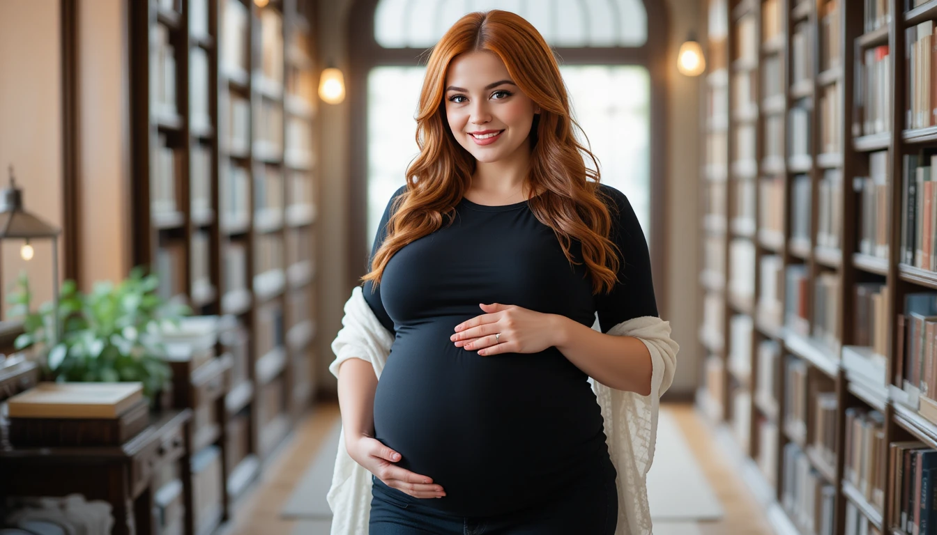 Pregnant woman in black t shirt relaxing in cozy library