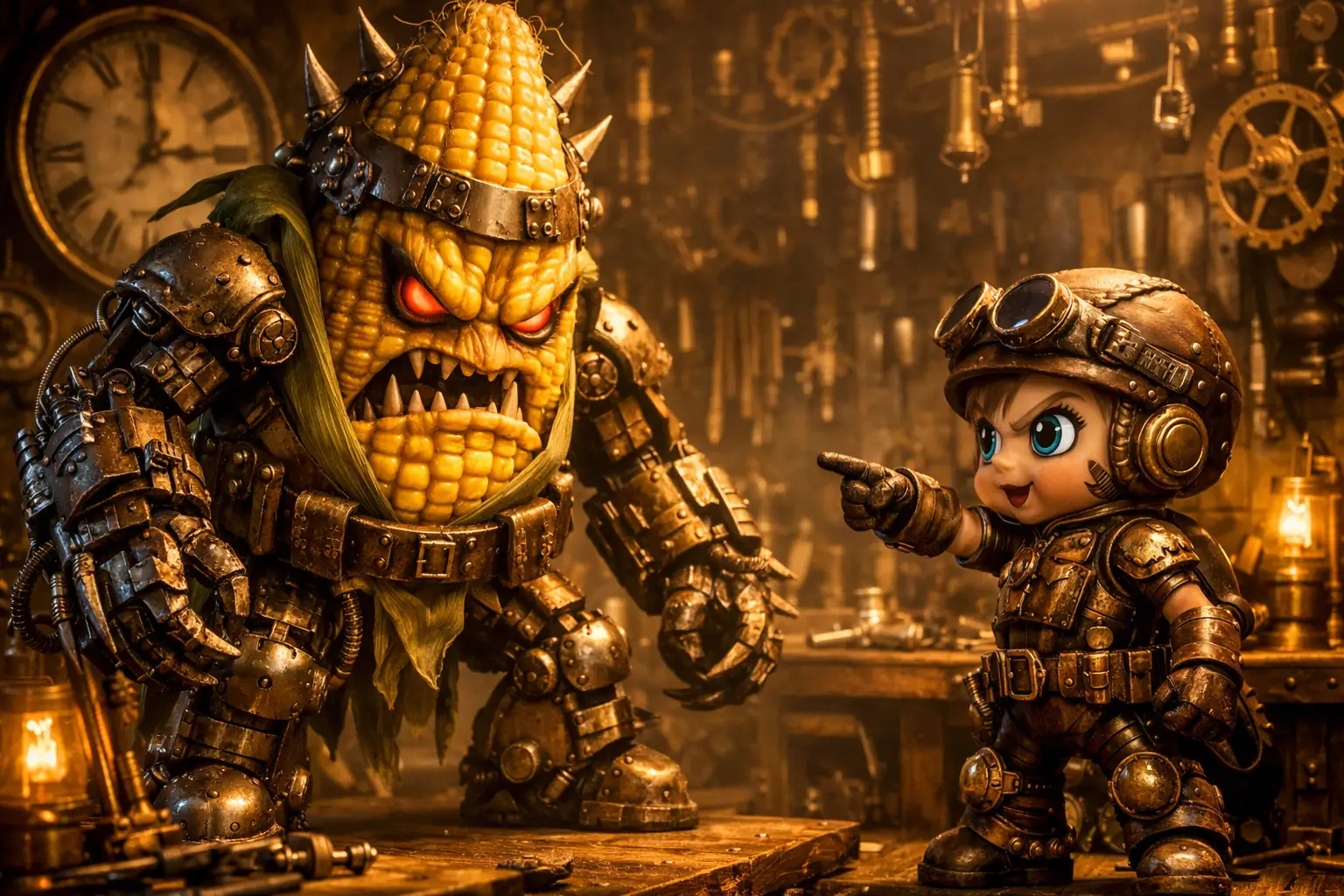 Duel steampunk entre épi de maïs maléfique et courageux garçon robot