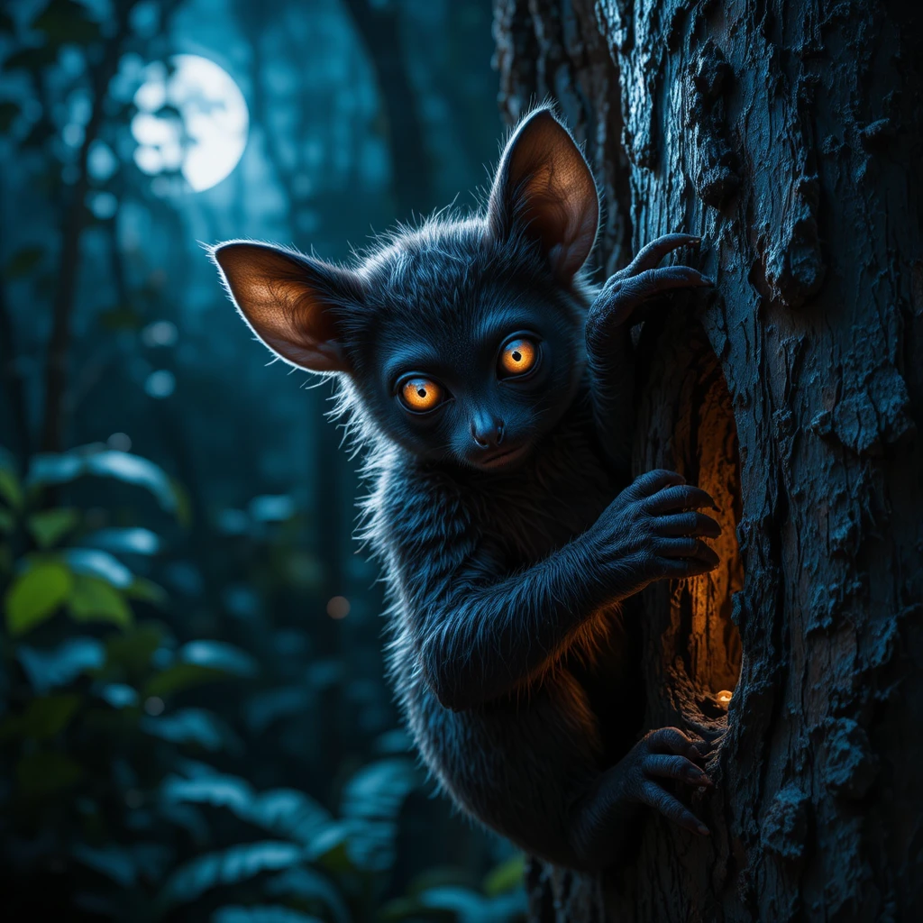 Aye aye lemur hunting insects on a moonlit jungle tree