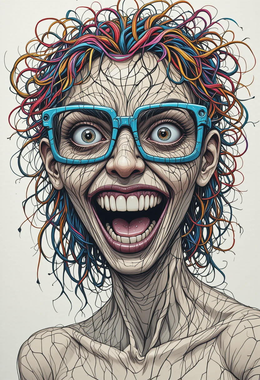 Surreal scribble faced woman with chaotic cable hair