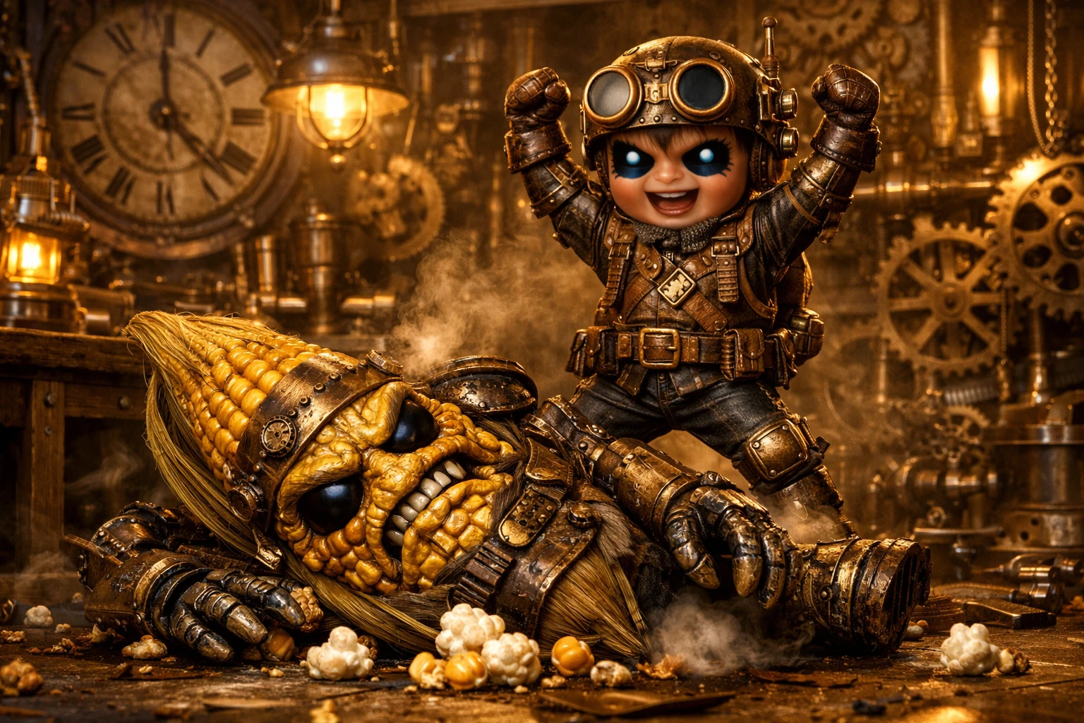 Steampunk-Junge besiegt bösen Maiskolben in Werkstatt