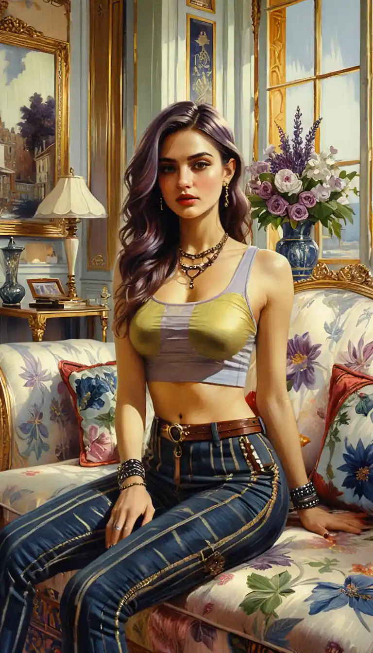 Modern young woman in opulent victorian salon painting