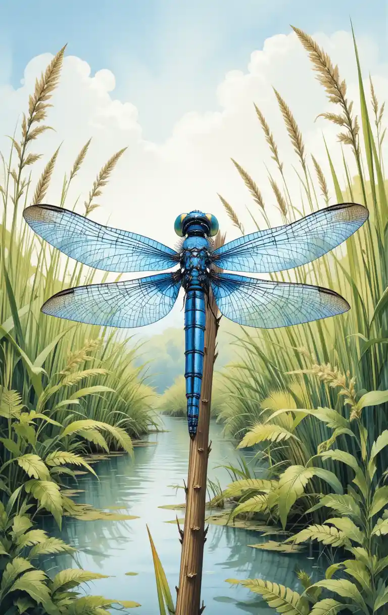 Libellule bleue sur roseau dans une paisible scène de marais en aquarelle