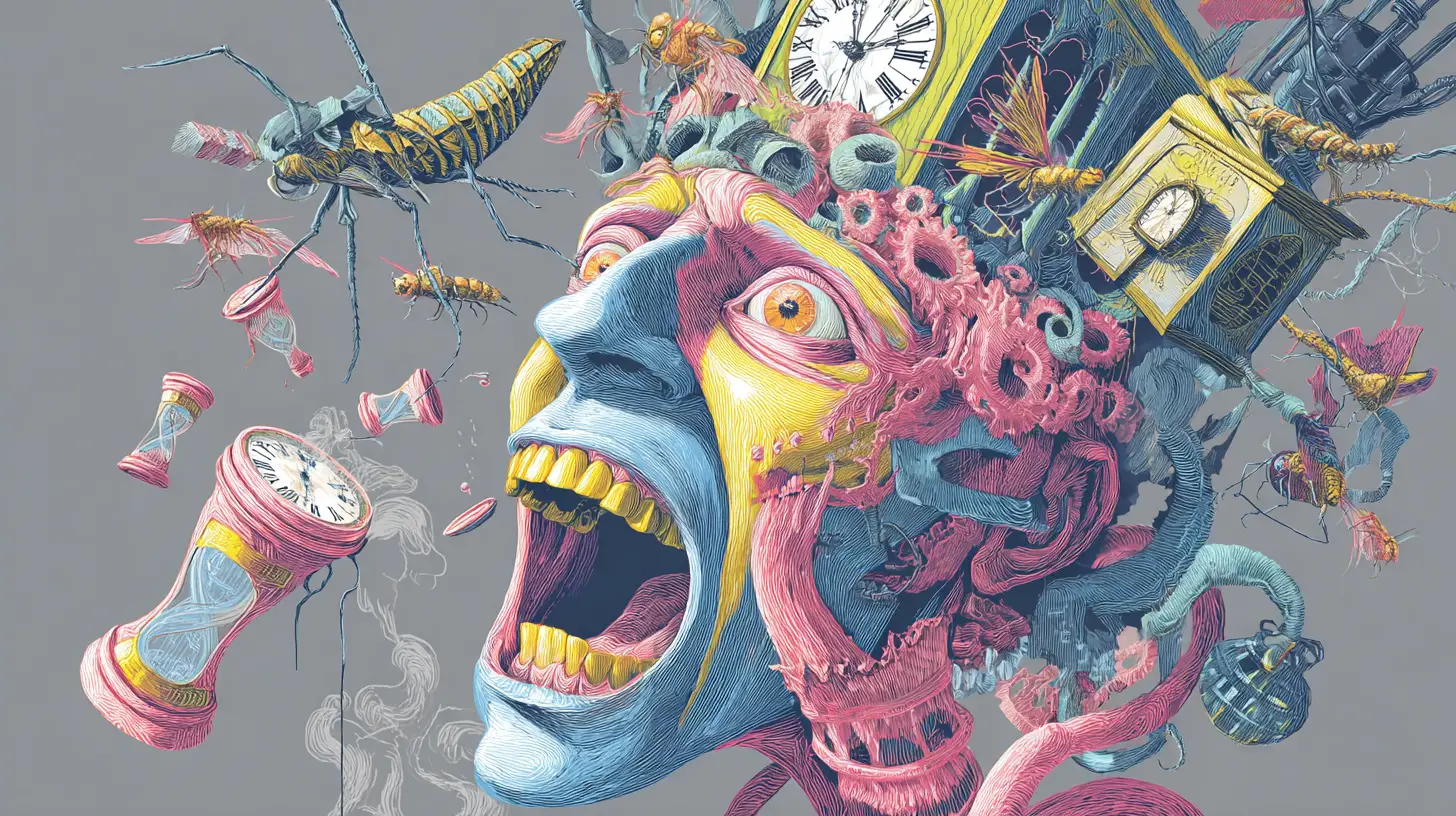 Surreal distorted face with mechanical insects and machines