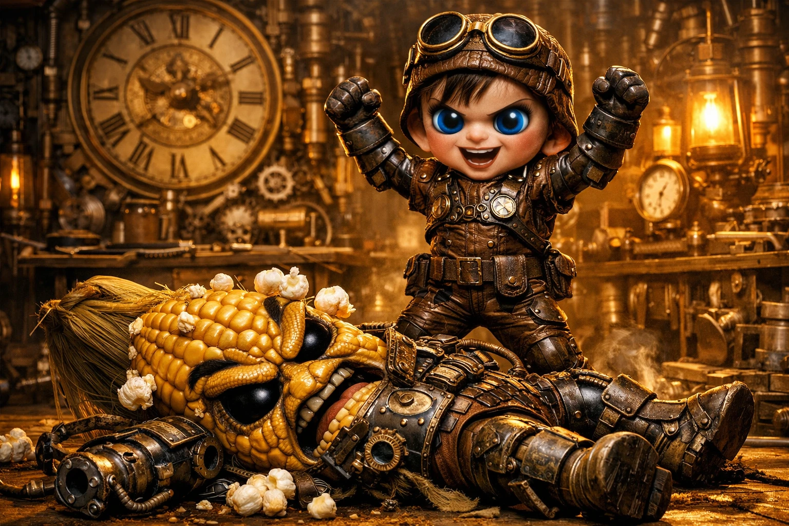 Garçon steampunk victorieux face à un menaçant ennemi de maïs mécanique