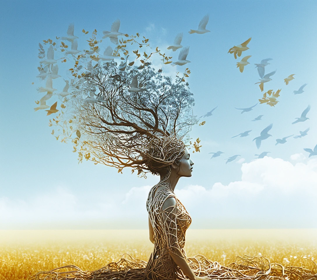 Donna in meditazione che si fonde con le radici di un albero al tramonto