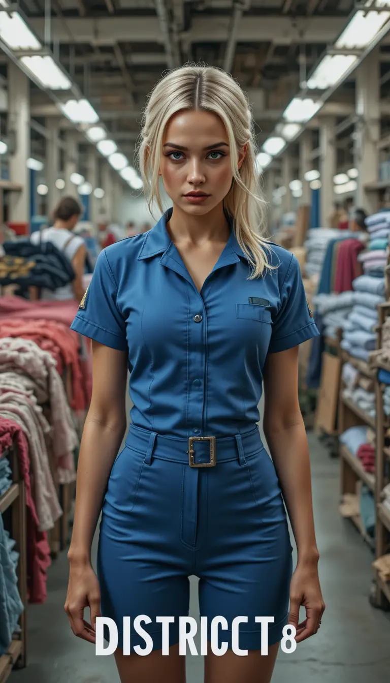 Young woman in factory uniform staring intensely at camera