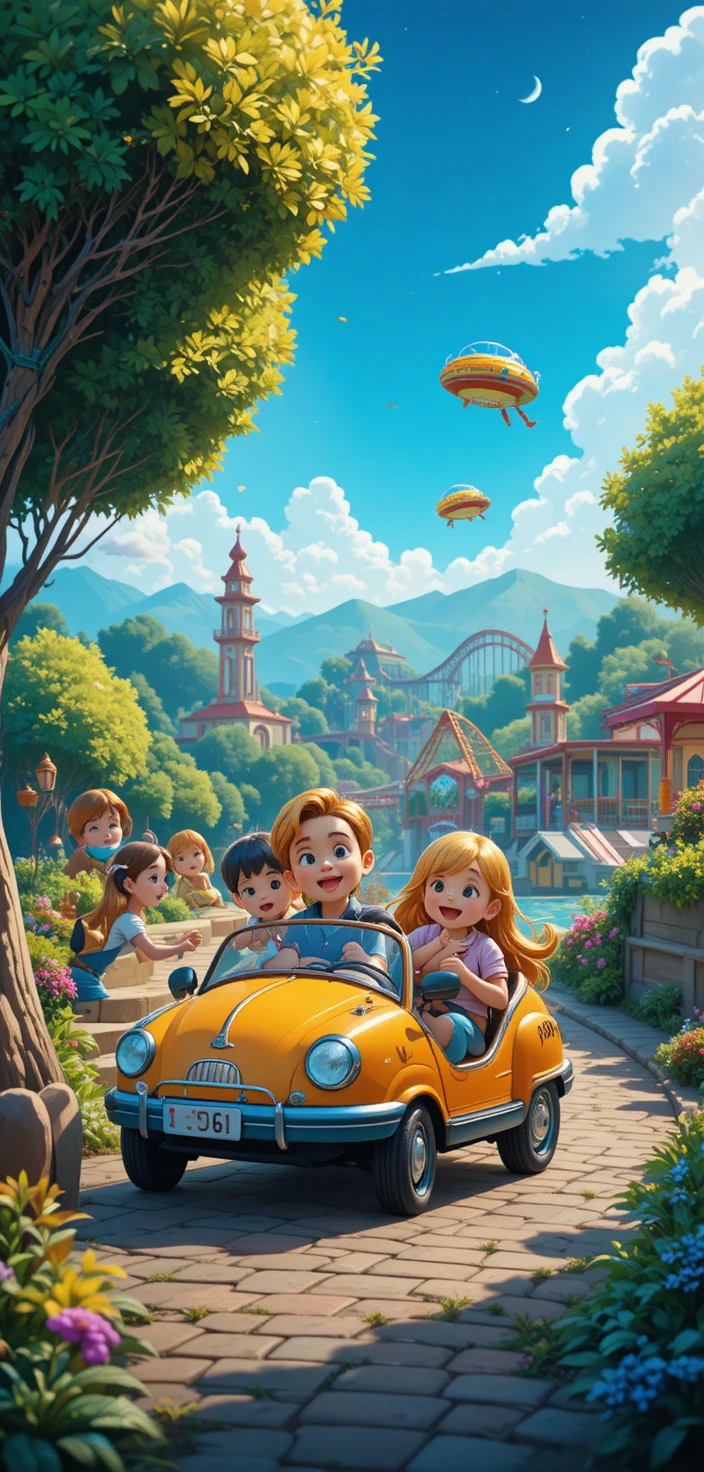 Joyful families at a colorful amusement park illustration