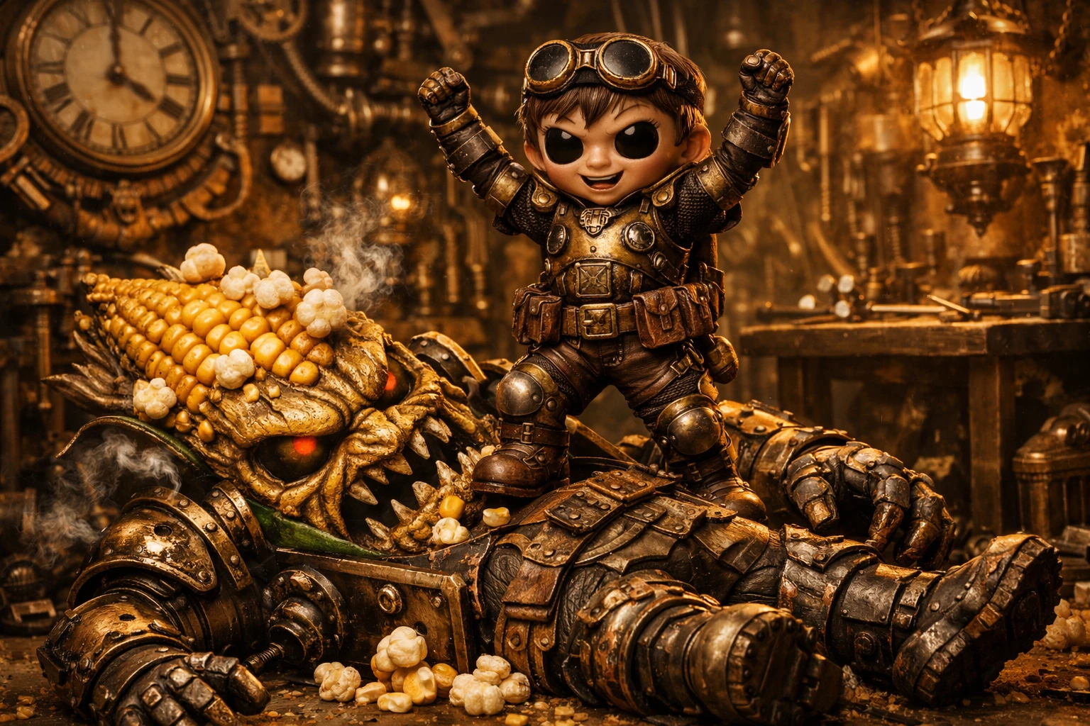 Garçon steampunk triomphe d’un épi de maïs mécanique maléfique