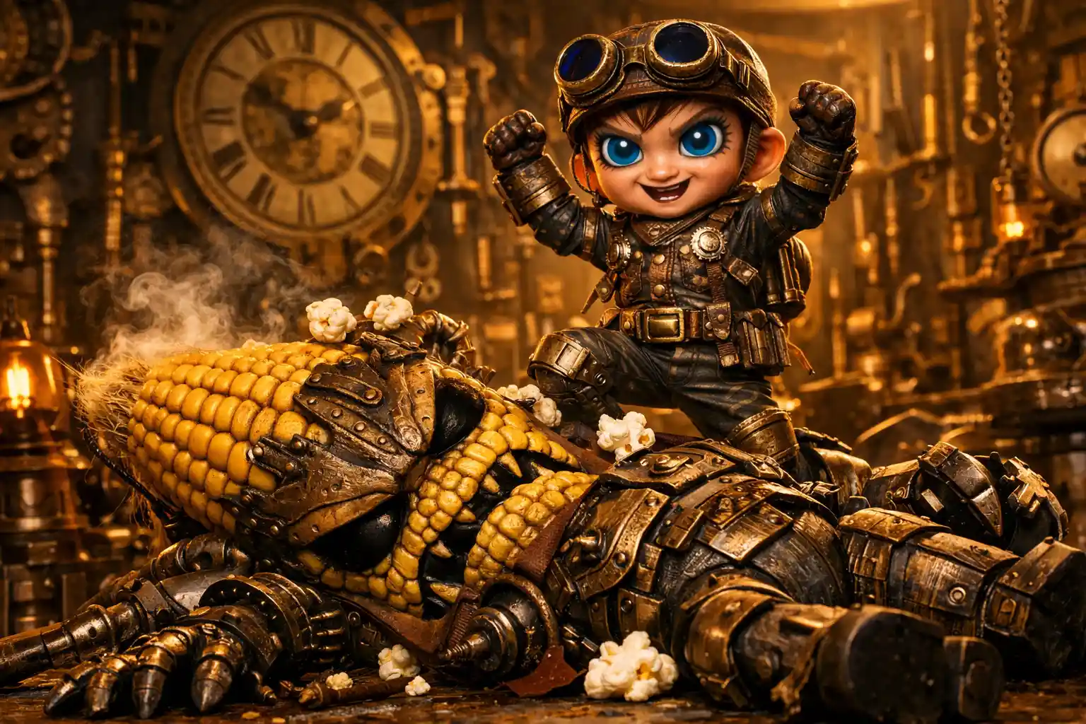 Steampunk-Junge besiegt bösen Maiskolben in Werkstatt