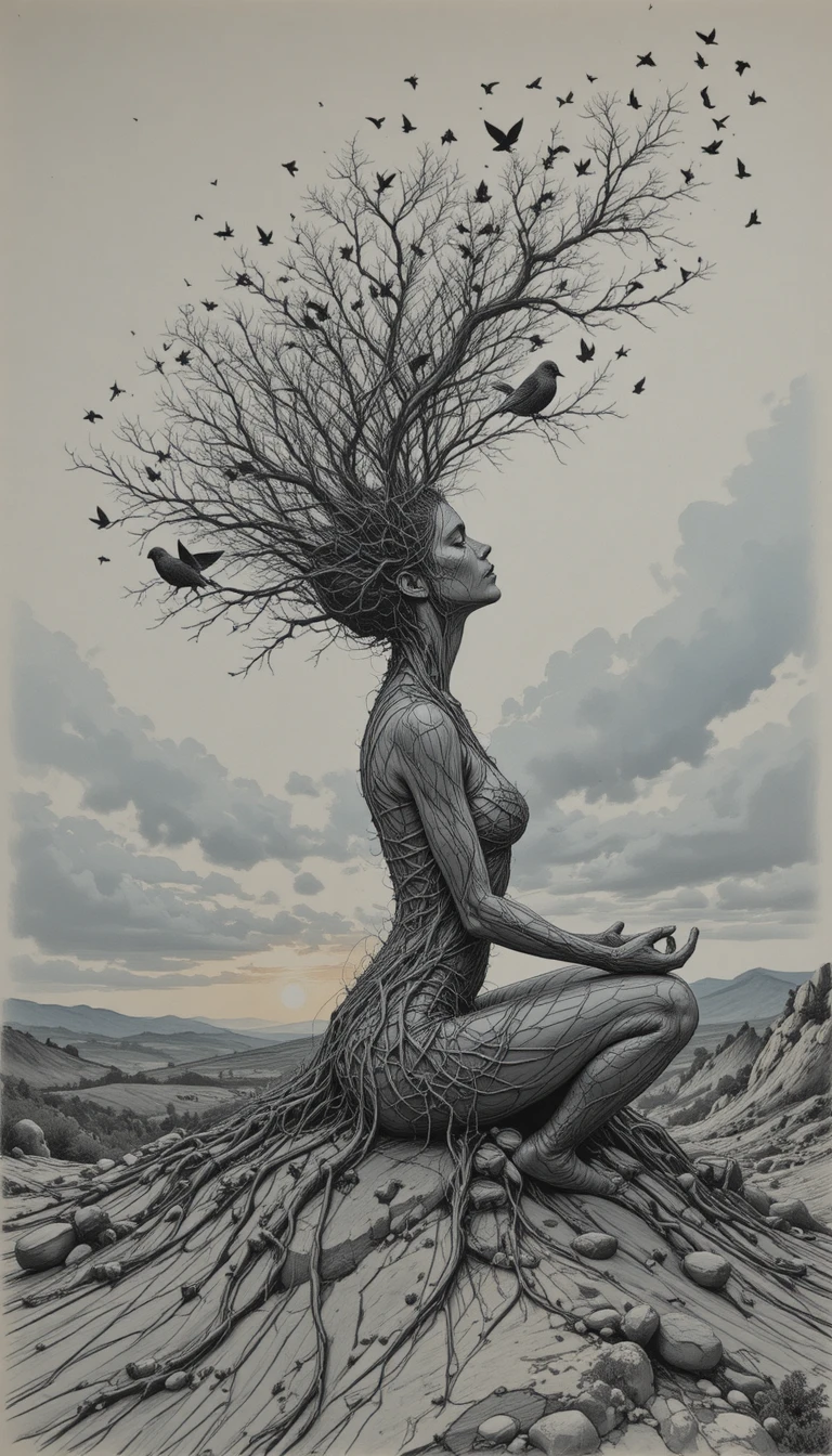 Meditating woman merging with tree roots at sunset